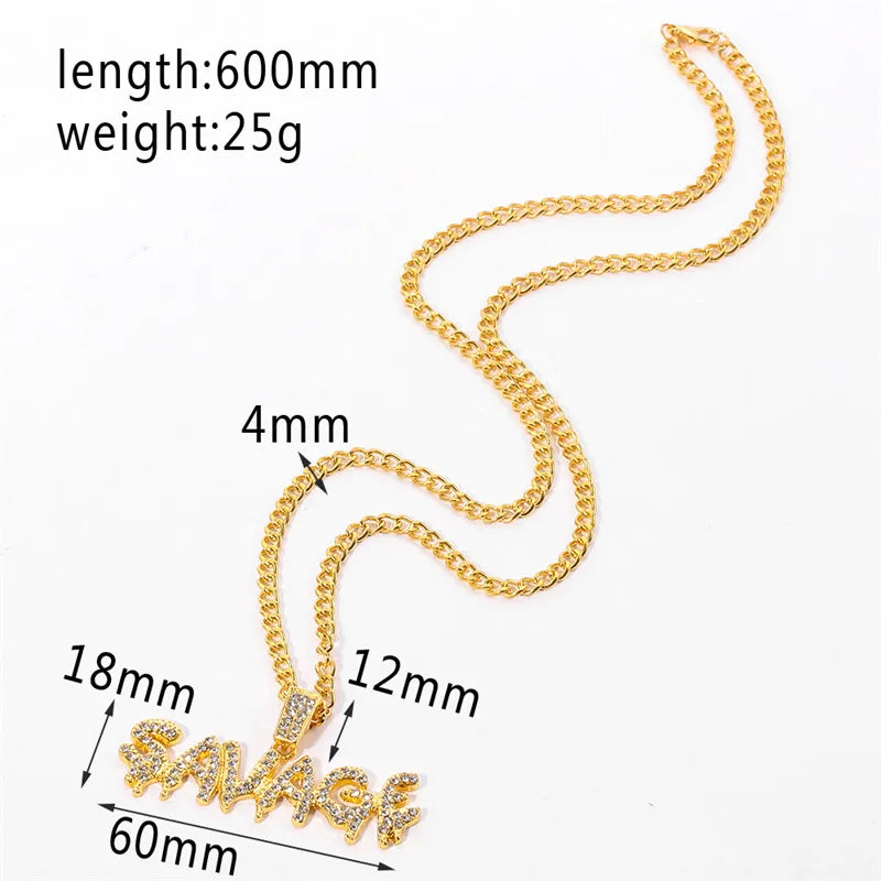 Bling Bling Savage Letter Necklace & Pendant Shiny Ice Out Link Chain Necklace With Tennis Chain Choker Hip Hop Jewelry for Men