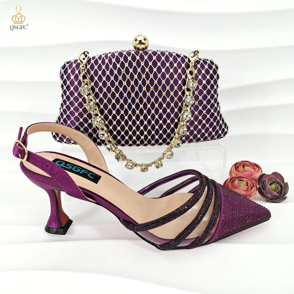 QSGFC Italian Design Nigeria New Trendy Full Diamond Embellished High Heels Peach Color Women's Bag and Shoes For Party Wedding