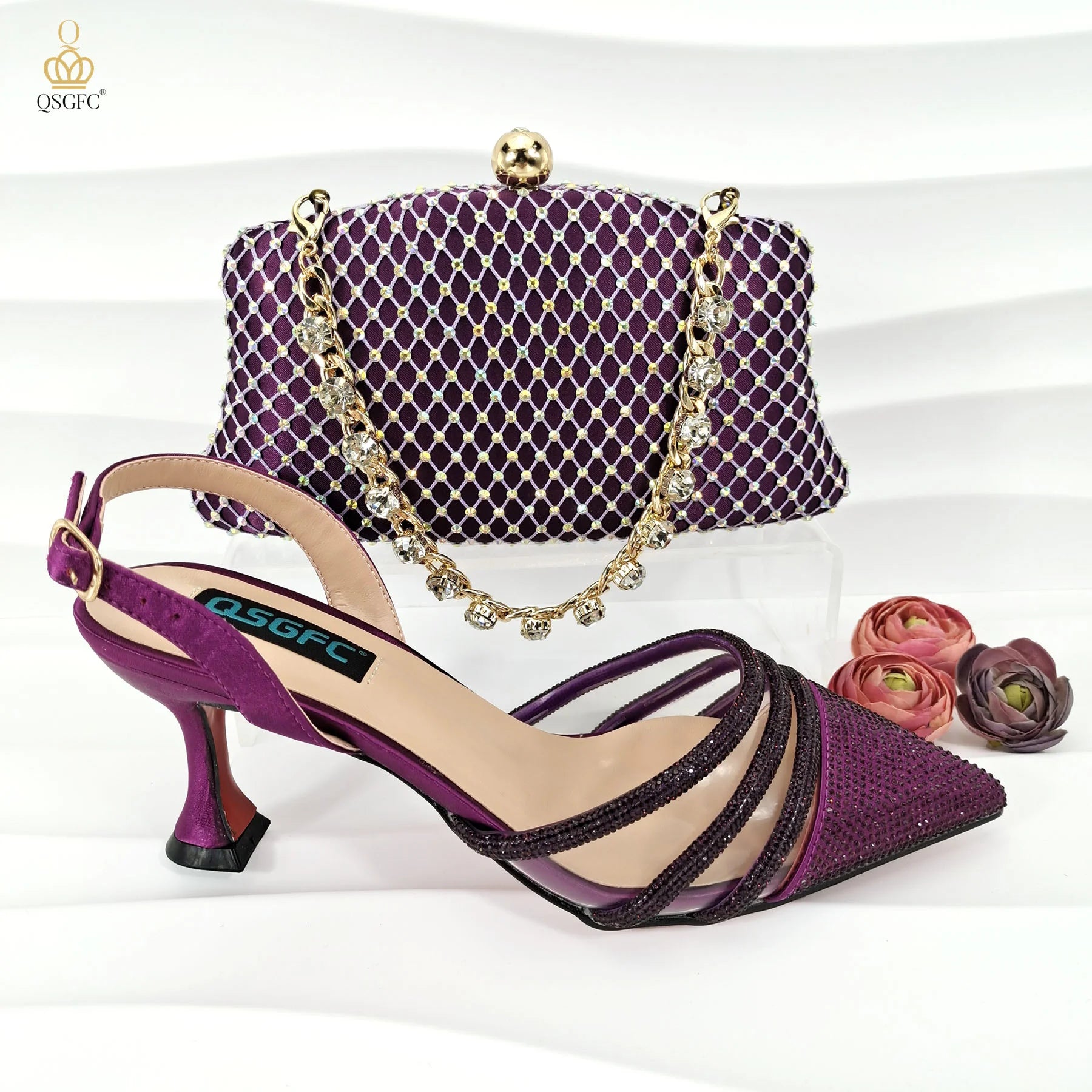 QSGFC Italian Design Nigeria New Trendy Full Diamond Embellished High Heels Peach Color Women's Bag and Shoes For Party Wedding