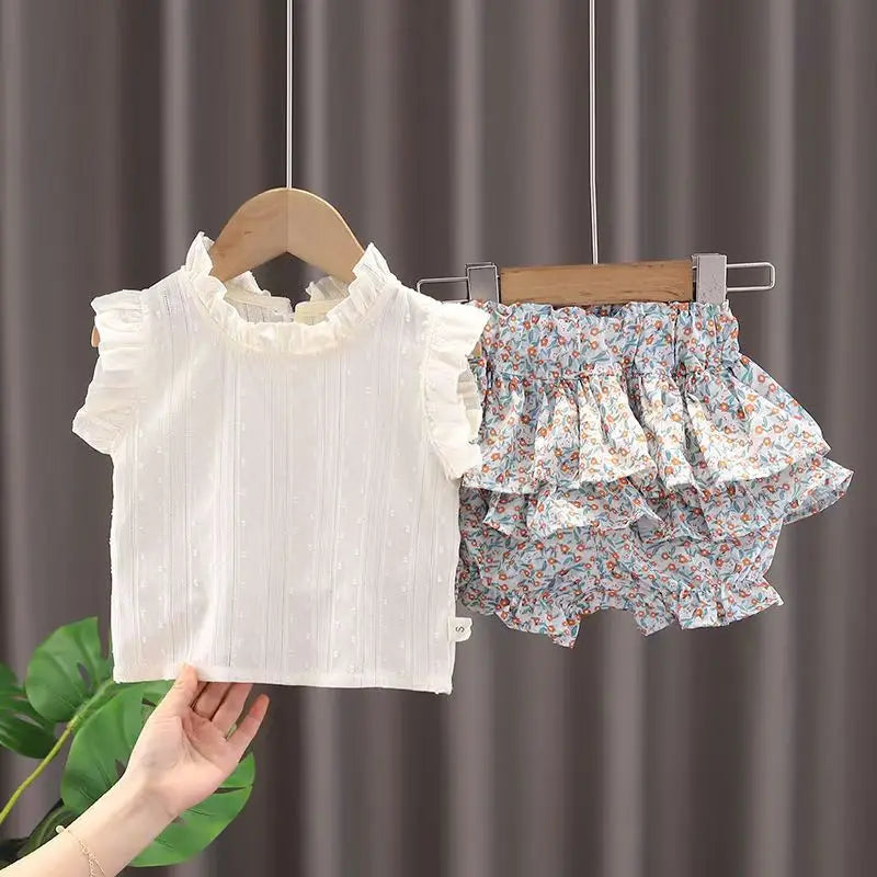 2PCS Girls' Suit Summer 2025 New Children's Summer Dress Baby Girl Fashionable Children's Top+Skirt Two-Piece Set