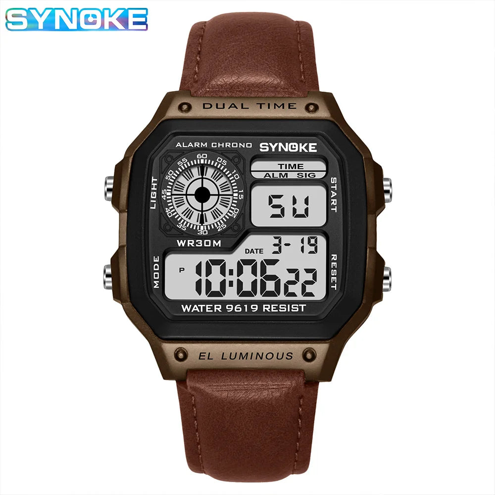 SYNOKE Belt Watch Men Outdoor Sports Multifunctional Waterproof  Luminous LED Digital Watch PU Leather For Men Retro Fashion