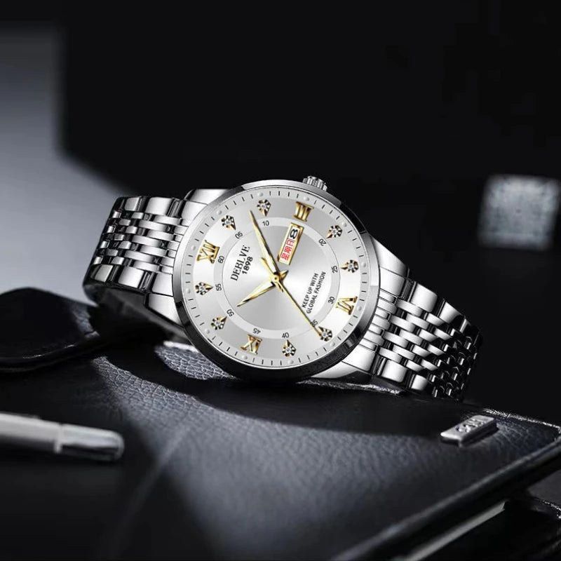 Men's Watch, Classic Fashion Ultra-Thin Luminous Double Calendar Steel Belt Quartz Watch