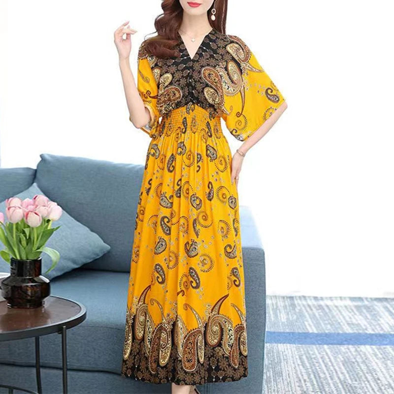 2025 Summer New Casual Elegant Retro Bohemian Style V-neck Elastic Waist Large Swing Printed Long Skirt Autumn Summer Dress