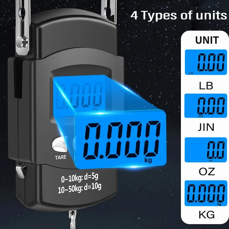 50kg/10g Portable LCD Electronic Hand Scale Travel Hanging Scale with100cm Long Retractable Measuring Tape Weigh Fish Vegetables