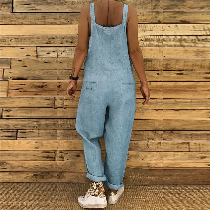Woman Cotton Linen Suspender Pants Solid Color Loose Bib Straight Leg Jumpsuits Vintage Baggy Overalls Trousers Pockets Playsuit
