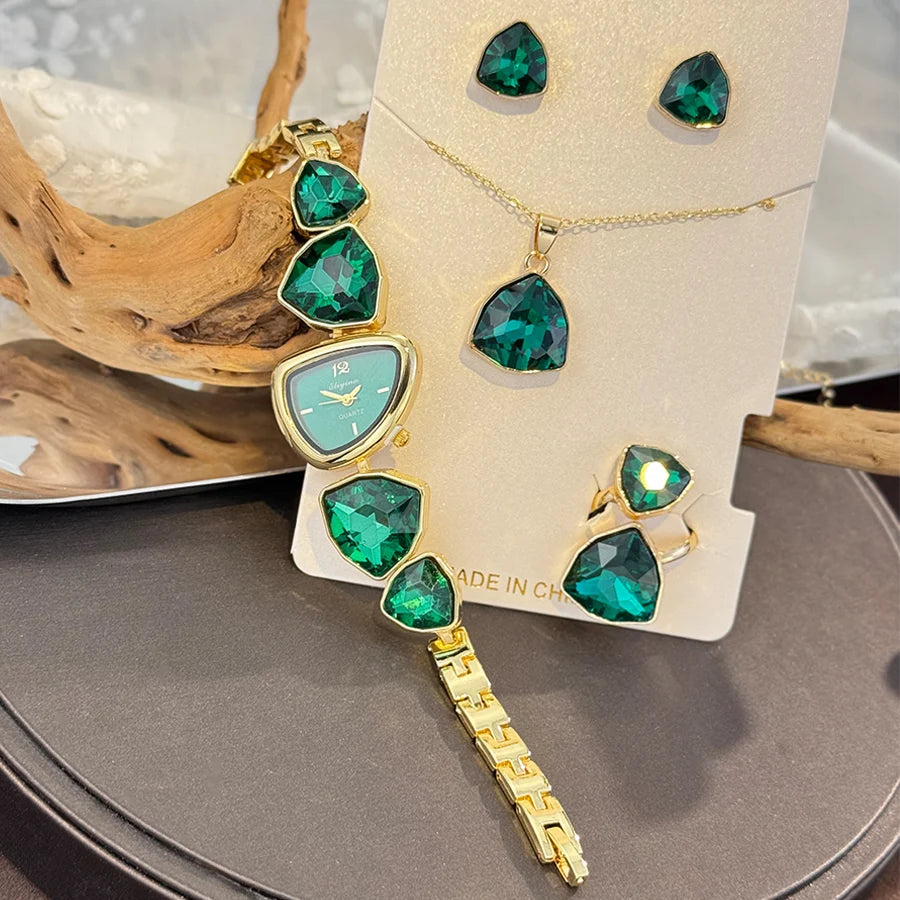 Luxury Ladies Quartz Watch  Colorful Diamond Irregular Shape Necklace Ring Earrings Jewelry Set Four-Piece Gift Set Trendsetter