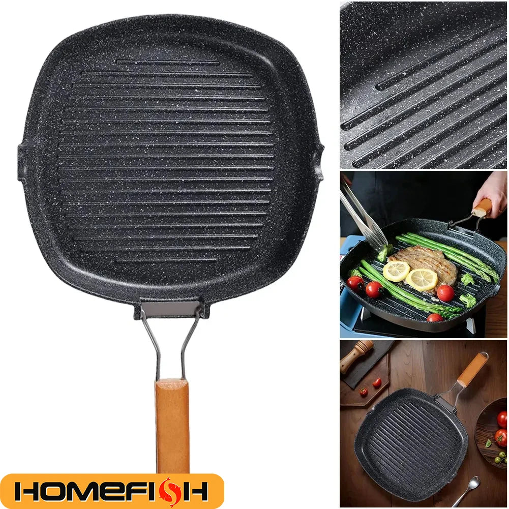 Foldable Portable Outdoor Grill Pan - Anti-Scald Wooden Handle, Double-Sided Steak Pan for Picnic, No Lid