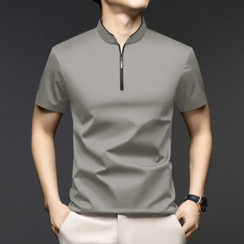 2025 New Men's Casual Fashion Zipper Solid Color Short Sleeved Polo Shirt Stand Up Collar Versatile Comfortable Top