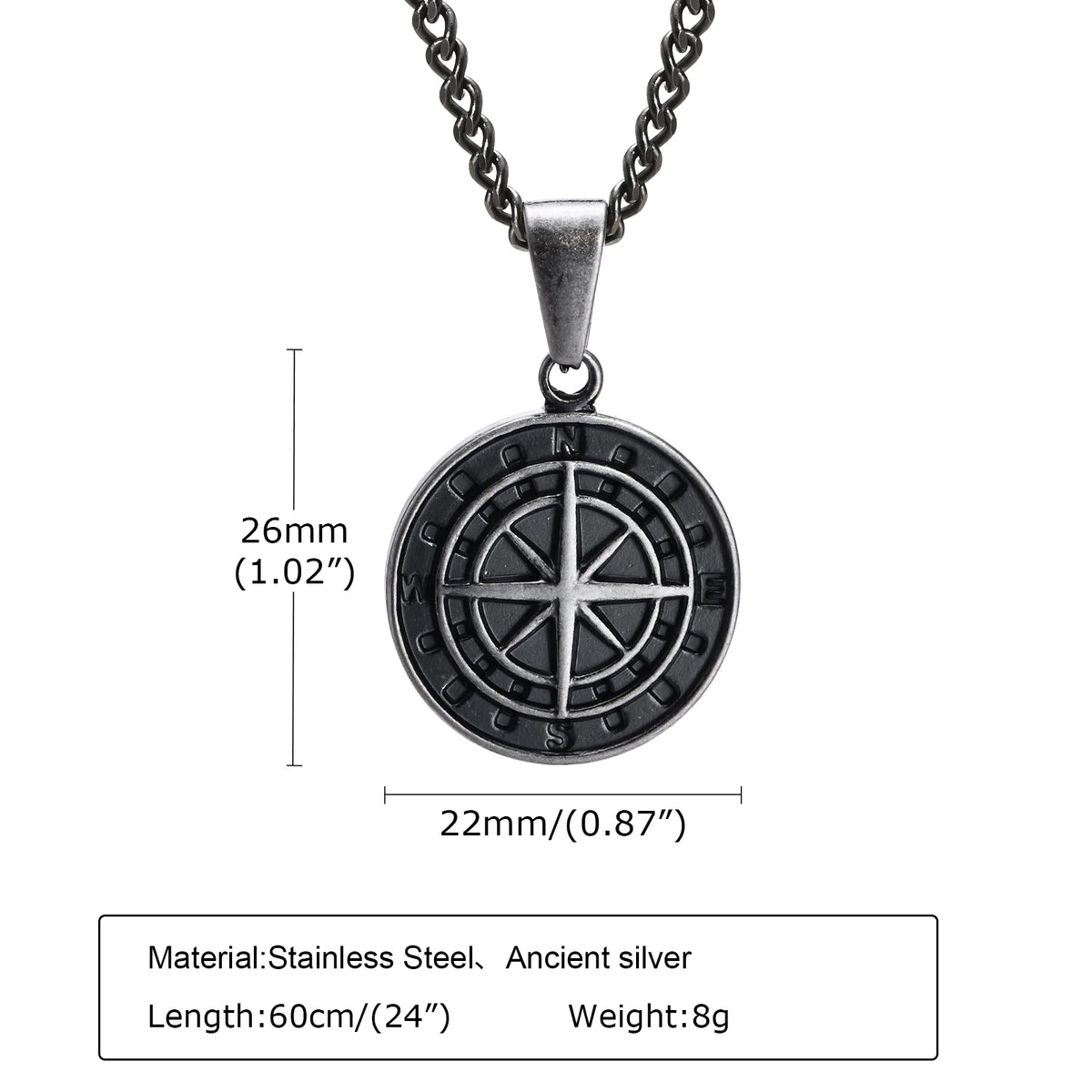 Vintage Compass Pendant Necklaces for Men Boys, Stainless Steel Coin Necklace, Rock Hiphop Collar Graduation Guide Gift