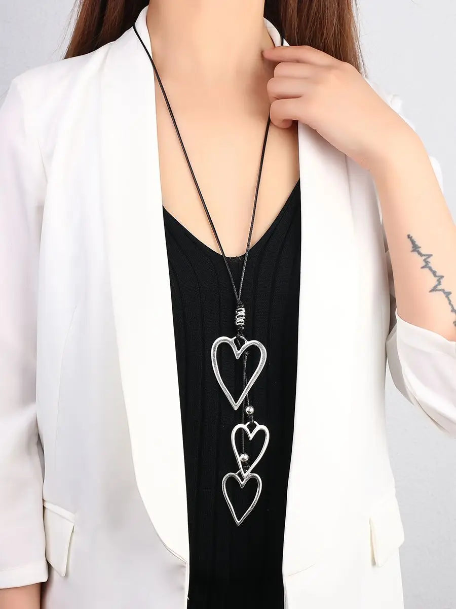 Amorcome Big Silver Color Heart Pendant Long Leather Necklace Boho Women Statement Ethnic Jewelry Lariat Necklace Mujer Collares
