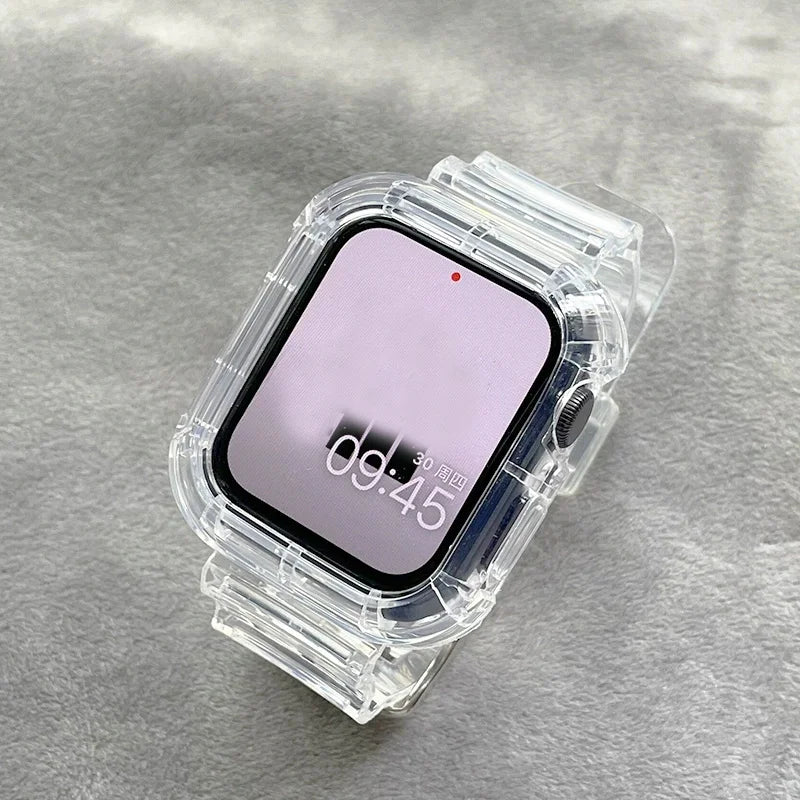 Cute Pink Transparent Case+Strap For Apple Watch Band 49mm 41mm 40mm 44mm 42mm 38 Silicone Bracelet For iWatch 8 7 SE 6 5 Cases