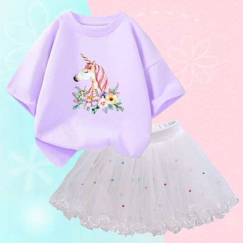 Fashion Summer Girls Outfits Pretty Ballet Dance Girl T-shirt and Tutu Skirt Set for Princess Clothes Suit Children Clothing