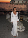 Women Elegant Long Sleeve Deep V-Neck Maxi Dress White Slim Fit Ruched Lace Patchwork High Waist Party Wedding Sexy Evening Gown