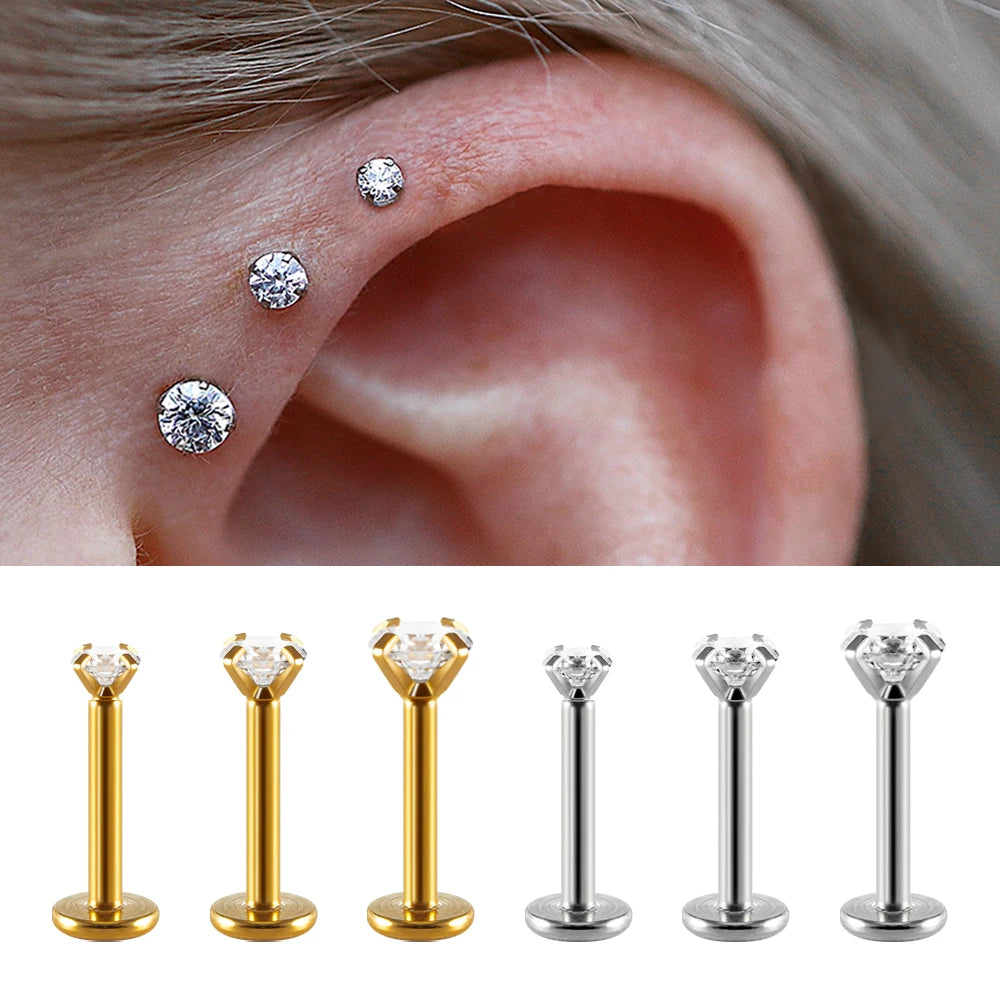 Surgical Steel CZ Flat Back Labret Stud 16G 6mm 8mm Internally Threaded for Cartilage Helix Tragus Lip Hypoallergenic Piercing