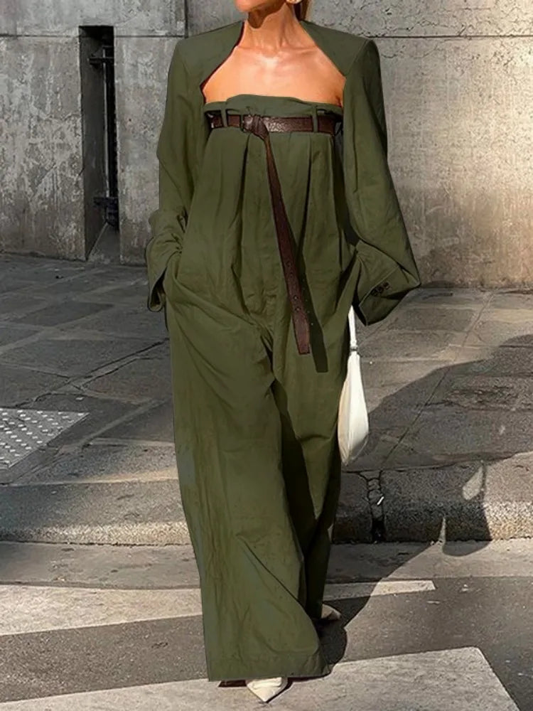 Freeacy Women's Stylish Jumpsuit Set Collarless Long Sleeve Outerwear and Strapless Wide Leg Jumpsuits Summer Loose Fit Suit
