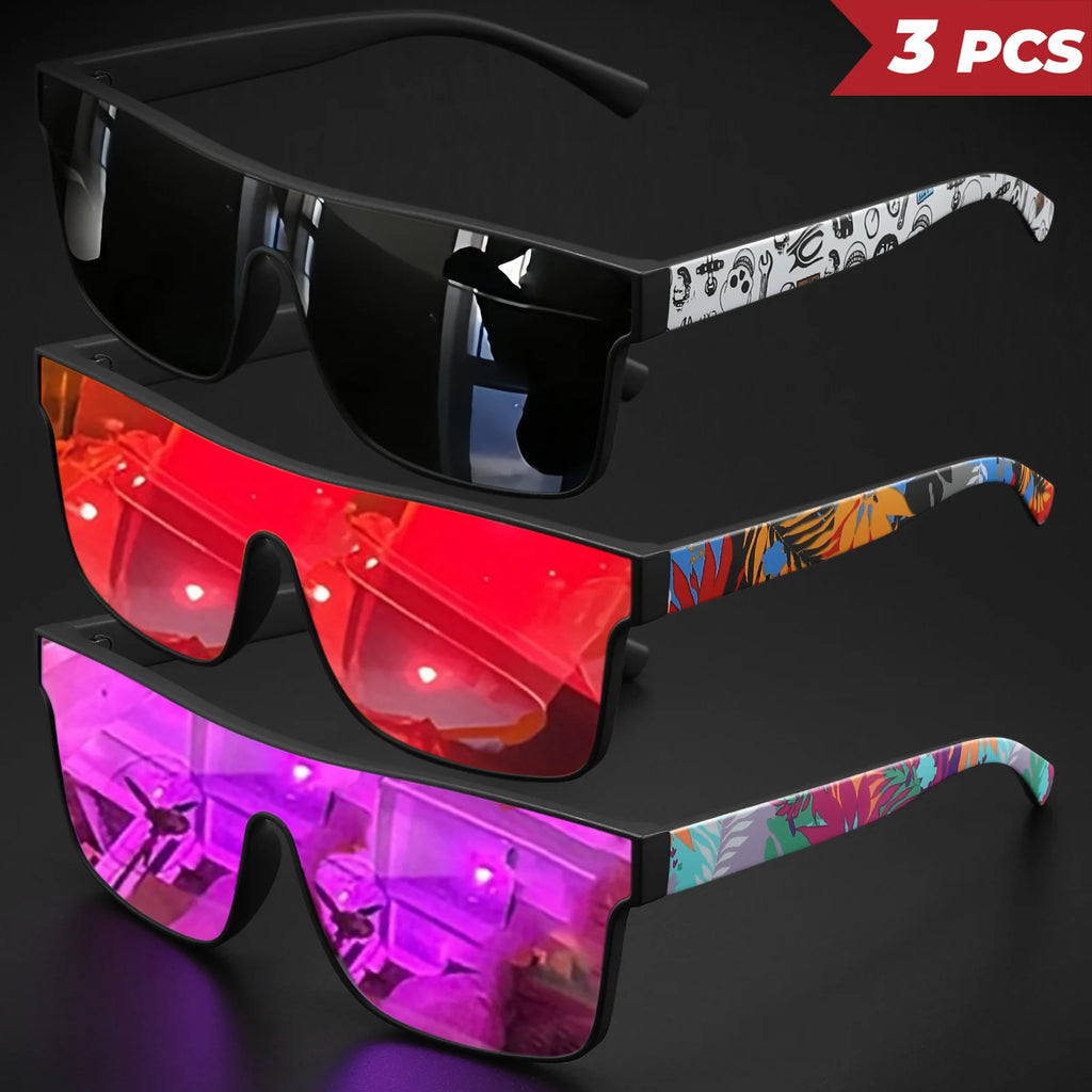 3PCS Colorful Sports Sunglasses - One-Piece Lens with Patterned Temples, UV400 Unisex for Cycling, Hiking & Beach