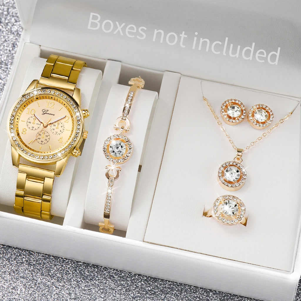 6PCS/Set Women's Watch Fashion Rhinestone Stainless Steel Band Quartz Watch Jewelry Set Reloj Mujer (Without Box)