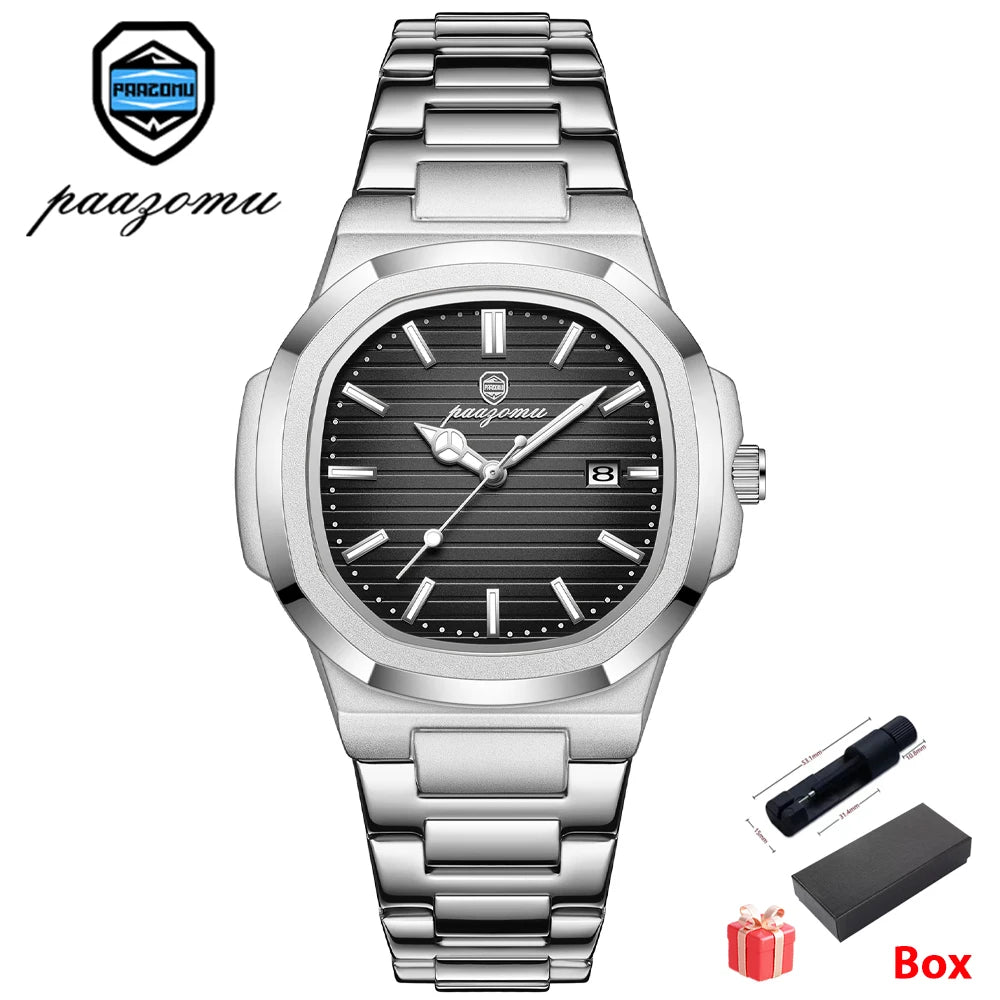 PAAZOMU Top Luxury Military Man Watch Square Waterproof Luminous Date Week Men Watch Stainless Steel Quartz Men's Watches Reloj