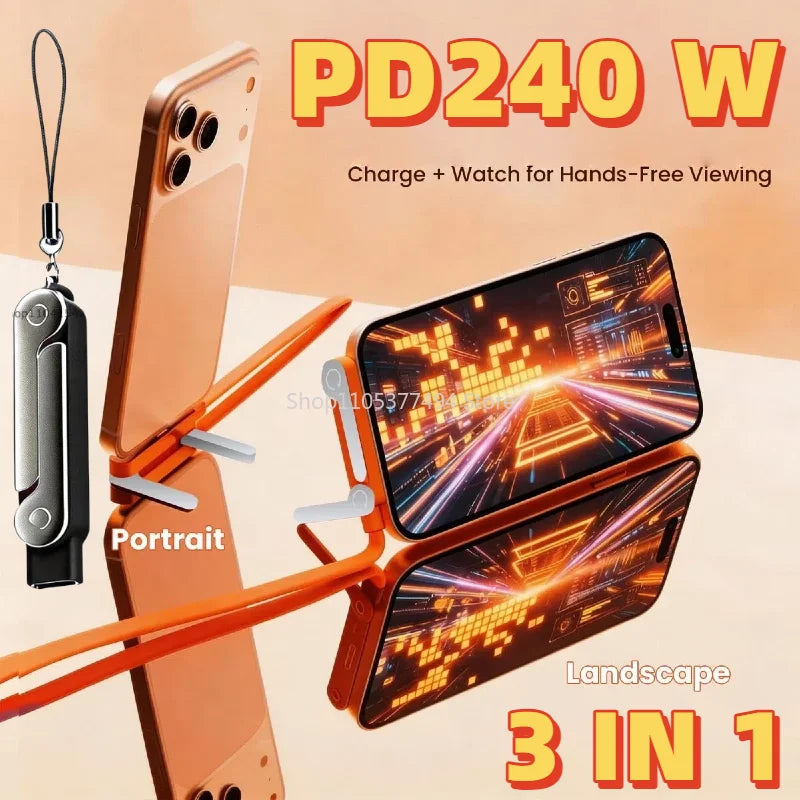 240W 2-in-1 Black/Orange Fast Charging Foldable Bracket Data Cable Type-C to Type-C Data Wire with Phone Tablet Stand