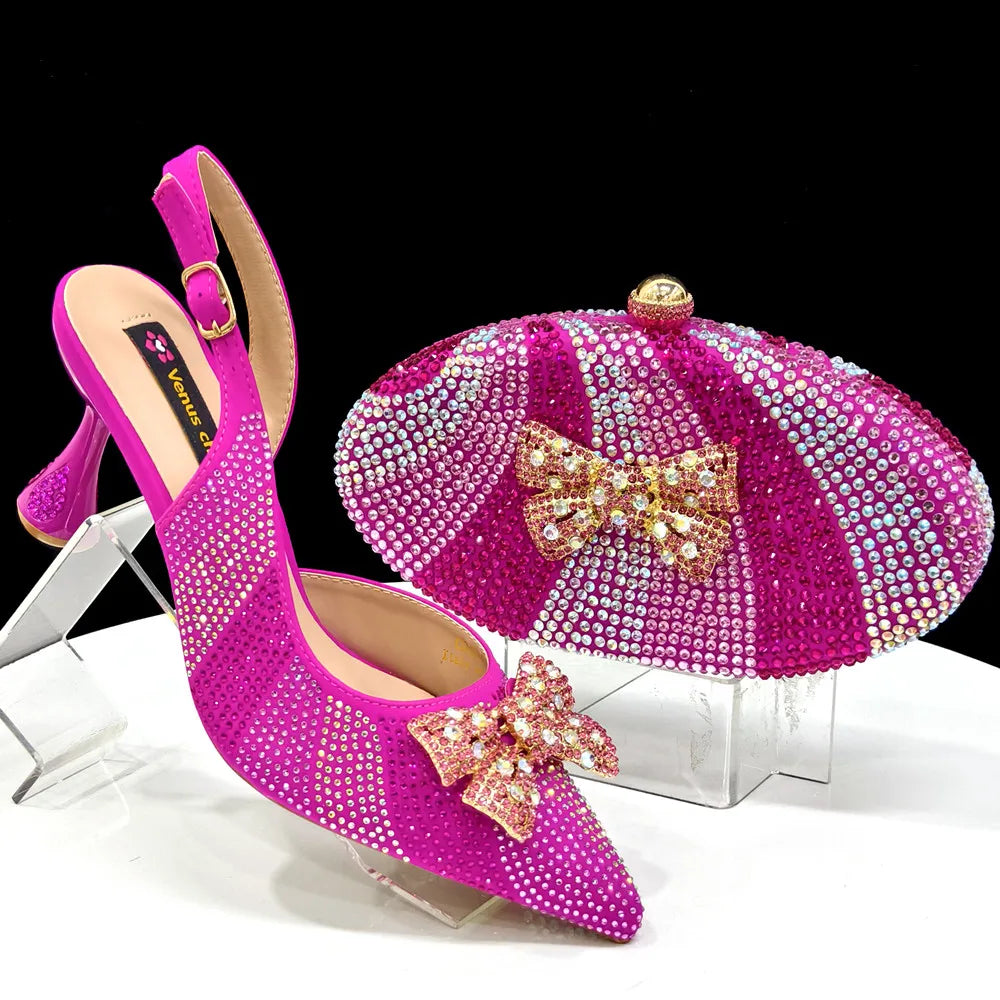 Venus Chan Green Color Pointed-Toe High Women Heels Shoes and Bags for Women Rhinestone Evening Party Elegant Luxury Handbag