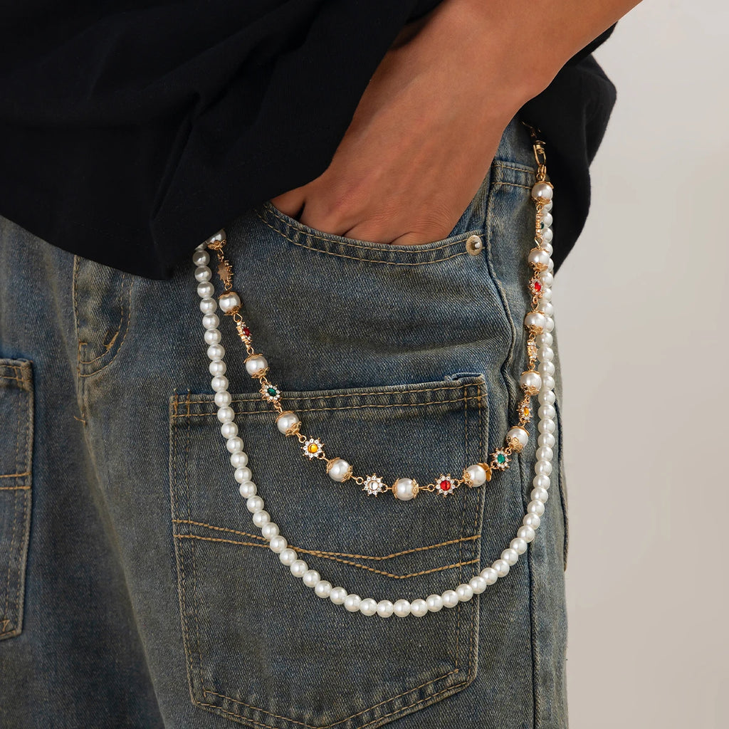 Salircon 2026 Exquisite Luxury Imitation Pearl Keychain Wallet Belt Chain Men Punk Trousers Hipster Pant Chain HipHop Jewelry