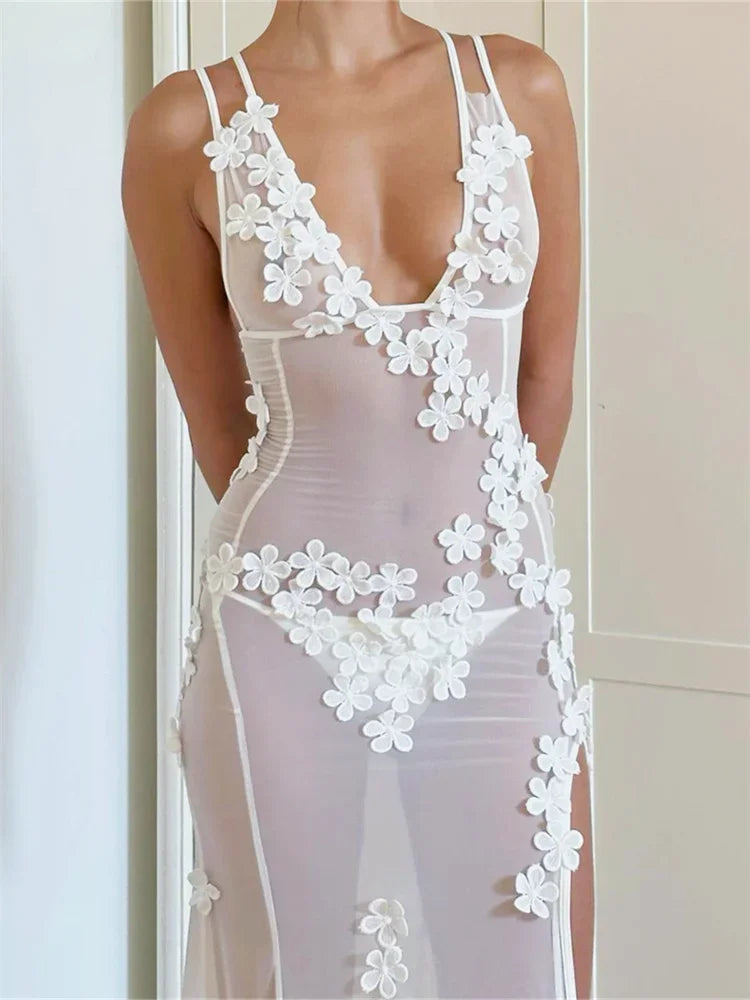 Women See Through Mesh Long Dress 2026 Summer 3D Flower Sleeveless V Neck Split Midi Dress Beach Club Sexy Dresses Cover-ups