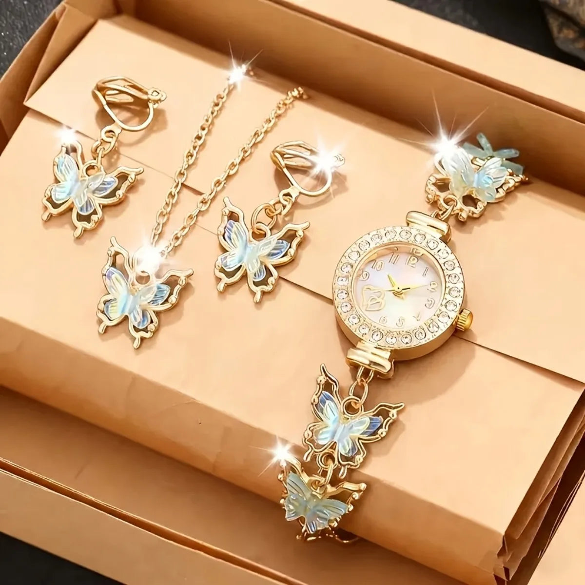 4PCS Elegant Rhinestone Women Watch Butterfly Jewelry Set Fashion Ladies Quartz Wristwatches Necklace Earrings Gift（Without Box）