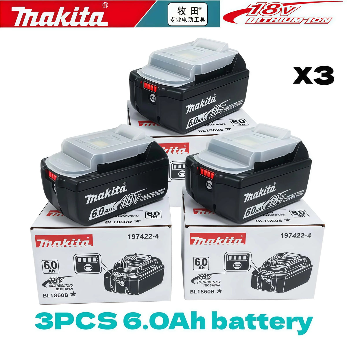 100% Genuine Original Makita 6.0Ah 18V Rechargeable Battery, BL1860B Makita 18V Battery BL1850 BL1840 BL1860 Replacement Lithium
