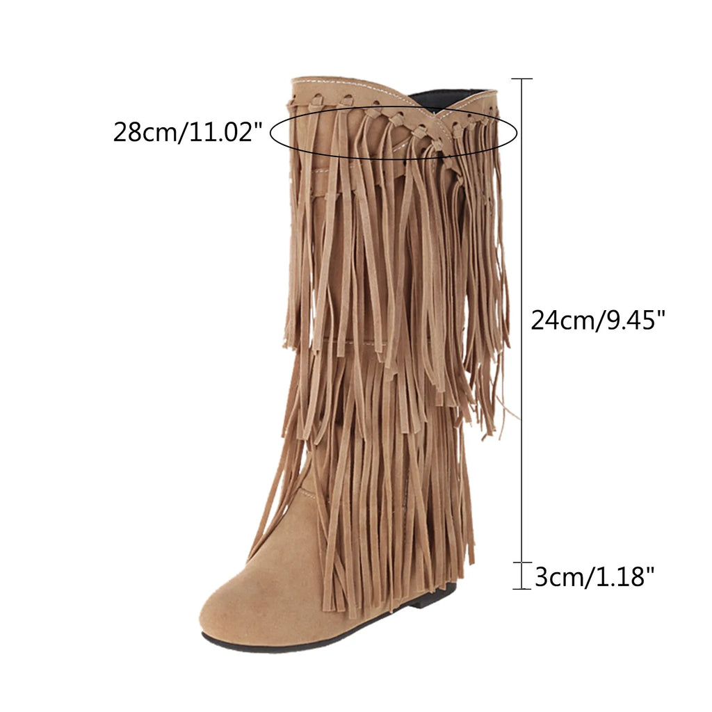 Boots Women Mid Calf With Heel Women'S Winter Chunky Heel Fringe Boots Inside Booster Mid Faux Leather Western Boots