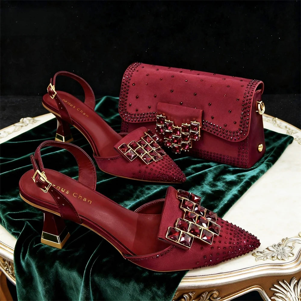 Stylish Orange Rhinestone High Heel Shoes & Matching Handbag - Elegant Pointed-Toe Footwear for Women, Ideal for Parties