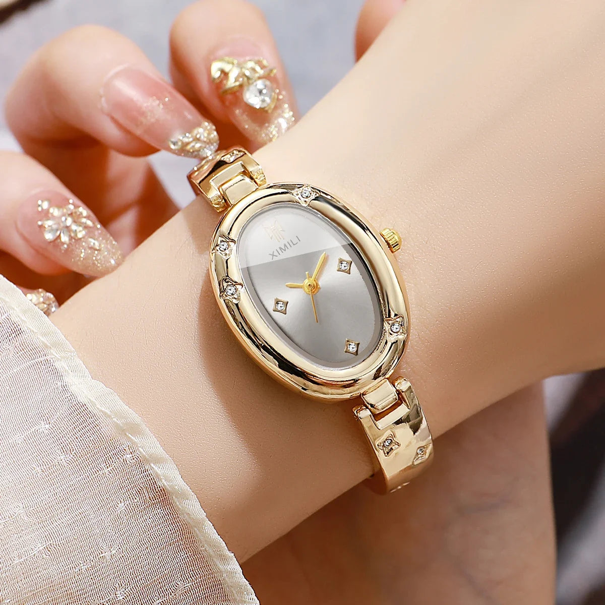 XIMILI Ladies Wristwatch Gold Bangle Band Oval Dial Star Rhinestone Quartz Women Dress Watch