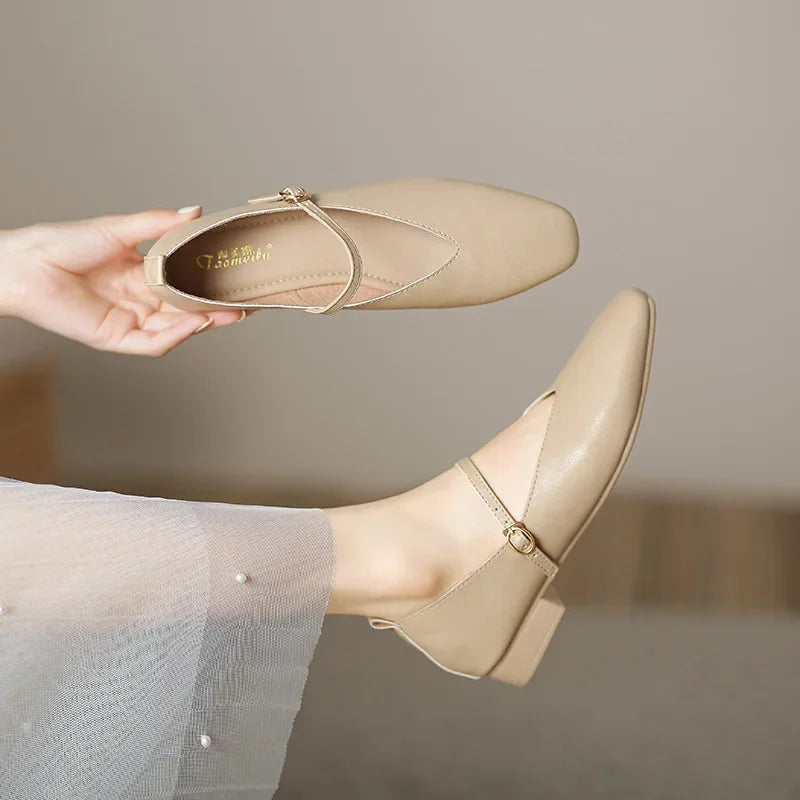 Woman Spring Casual Square Toe Low Soft Soled Lolita Flats Ballerina Red Female Elegant French Retro Buckle Mary Janes