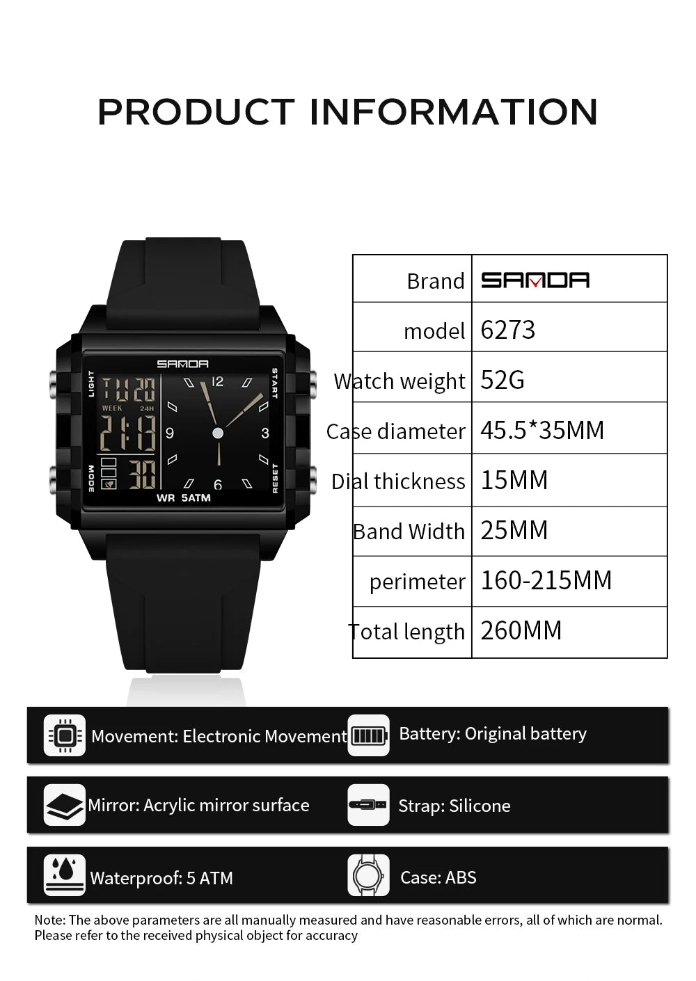 Fashion SADNA New 6273 Women's Electronic Watch Multifunctional Sports Waterproof LED Timing Student Electronic Watch