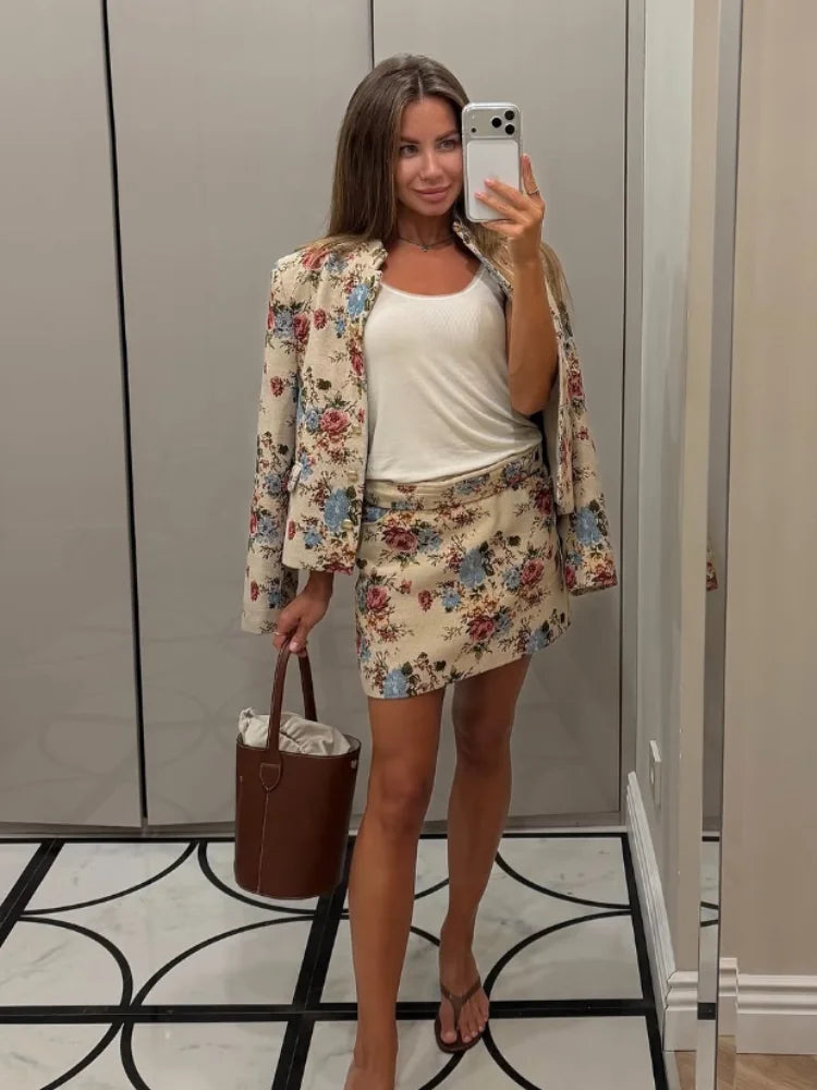 Women Vintage Floral Long Sleeve 2 Piece Set Elegant Stand Neck Cropped Jacket High Waist  Mini Skirt 2026 Daily Commute Outfit