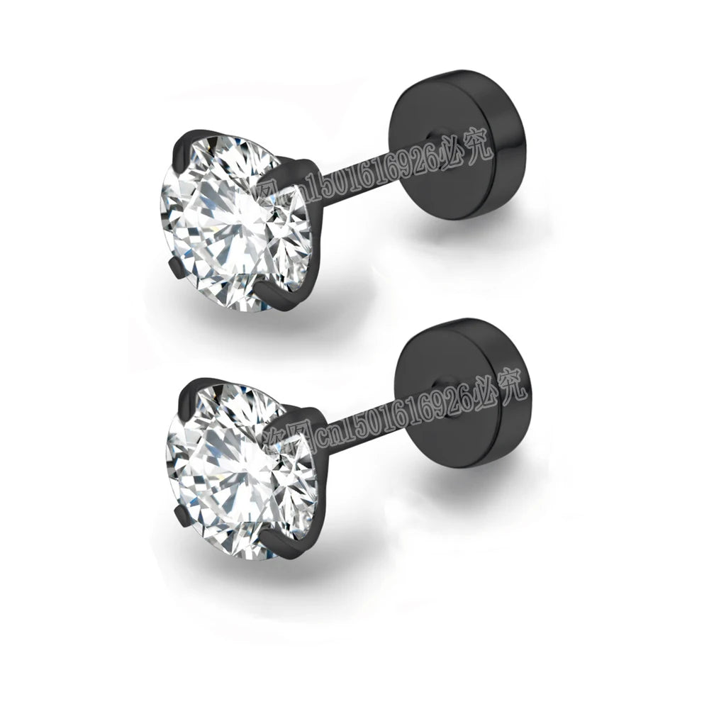 XUBCHC Stainless Steel Round Cubic Zirconia Ear Piercing For Women Men CZ Shiny Silver Color Stud Earrings Black Body Jewelry