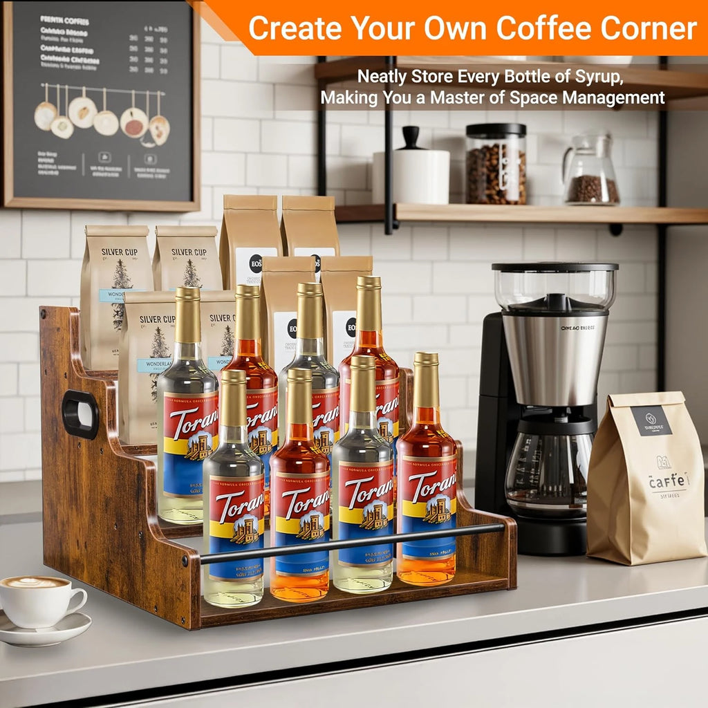 Liquor Bottle Display Shelf, Coffee Syrup Rack Organizer, 3 Step Countertop Liquor Wine Rack, Mini Bar, Liquor Cabinet, Home Retro Bar Shelf Stand for Liquor Whiskey, Spirits