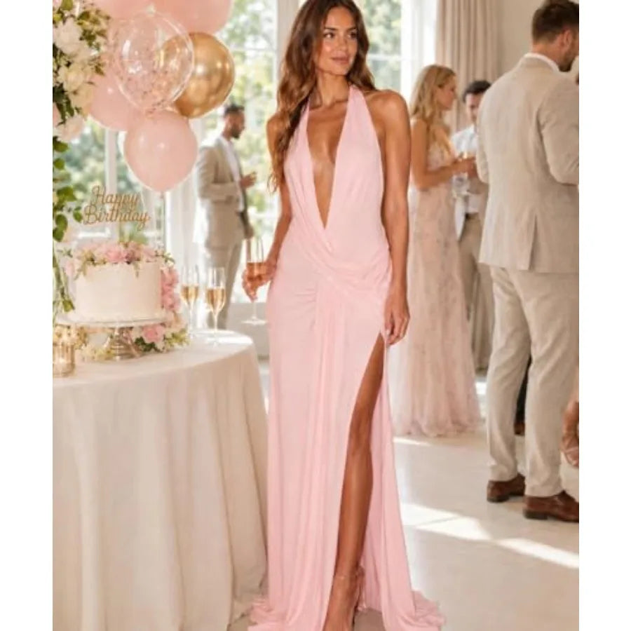 Women Deep V Neck Halter Maxi Dress Backless Ruched High Split Cocktail Party Formal Prom Gown Wedding Guest Dress