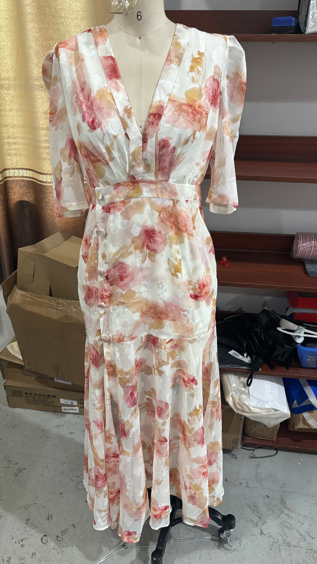 Women Printed V Neck Long Dress Flared Sleeve Lotus Leaf Edge High Waist Slim Fit Maxi Dresses Lady Elegant Evening Party Dress