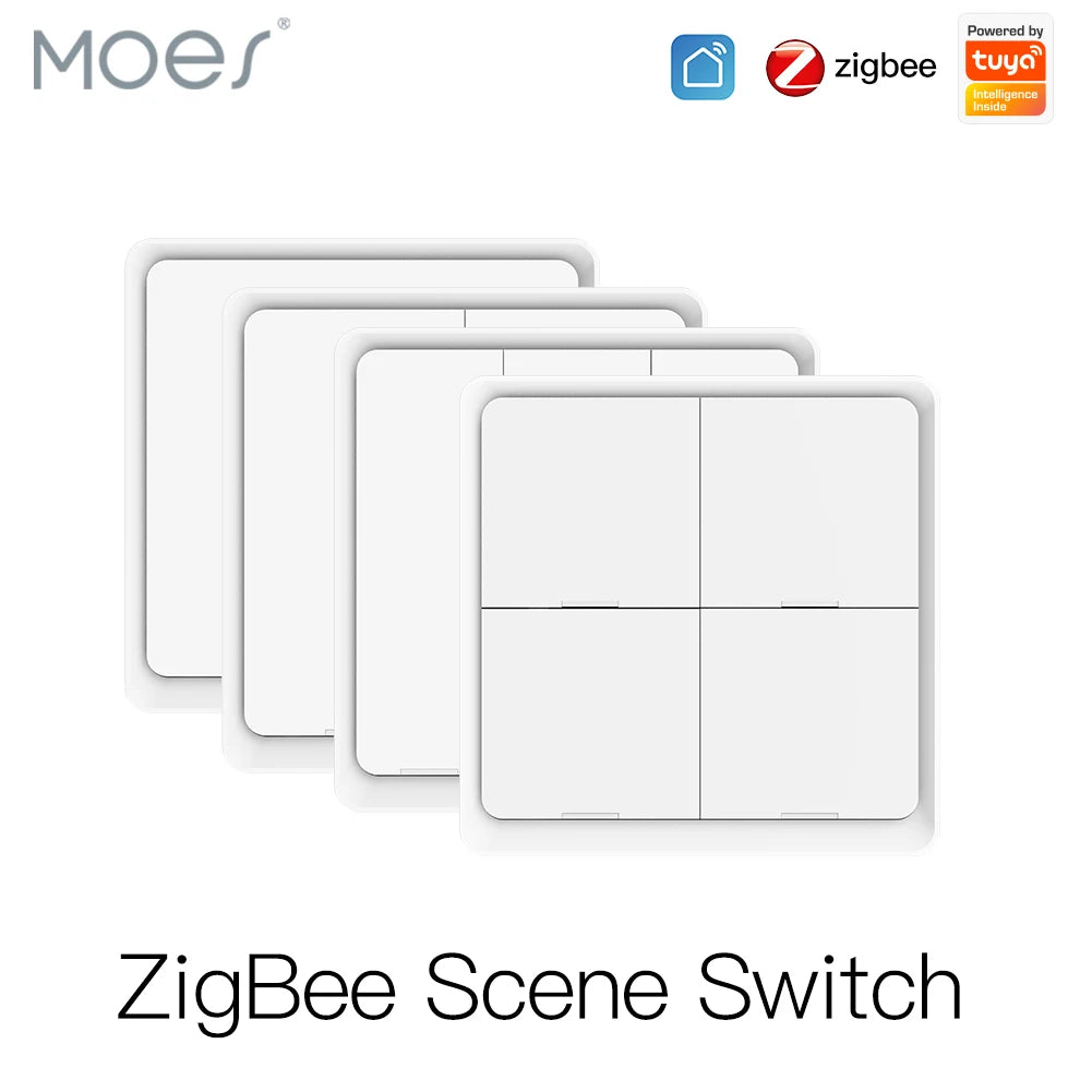 MOES 4 Gang Tuya ZigBee Wireless 12 Scene Switch Push Button Controller Battery Powered Automation Scenario for Tuya Devices