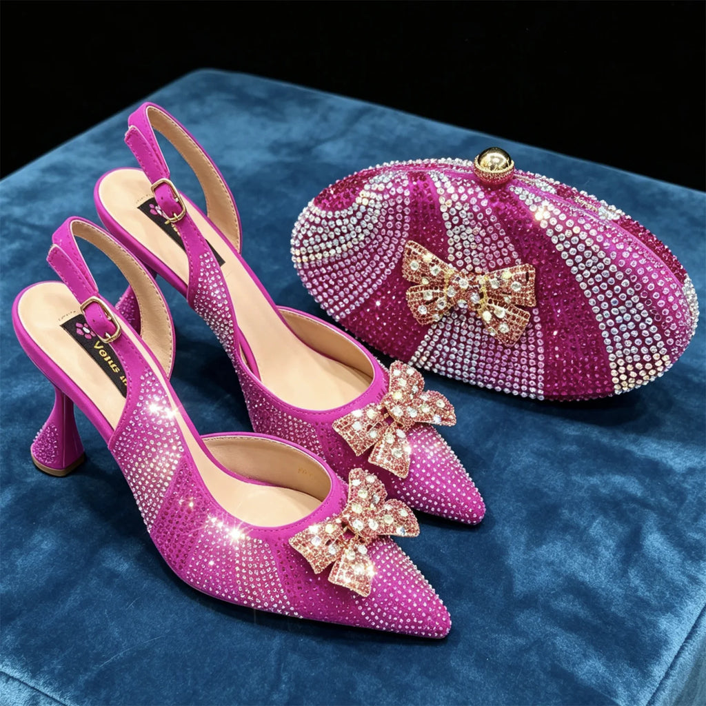 Elegant Nigerian-Inspired Rhinestone High Heels with Orange Mini Oval Bag - Stylish Women's Shoes for Special Occasions