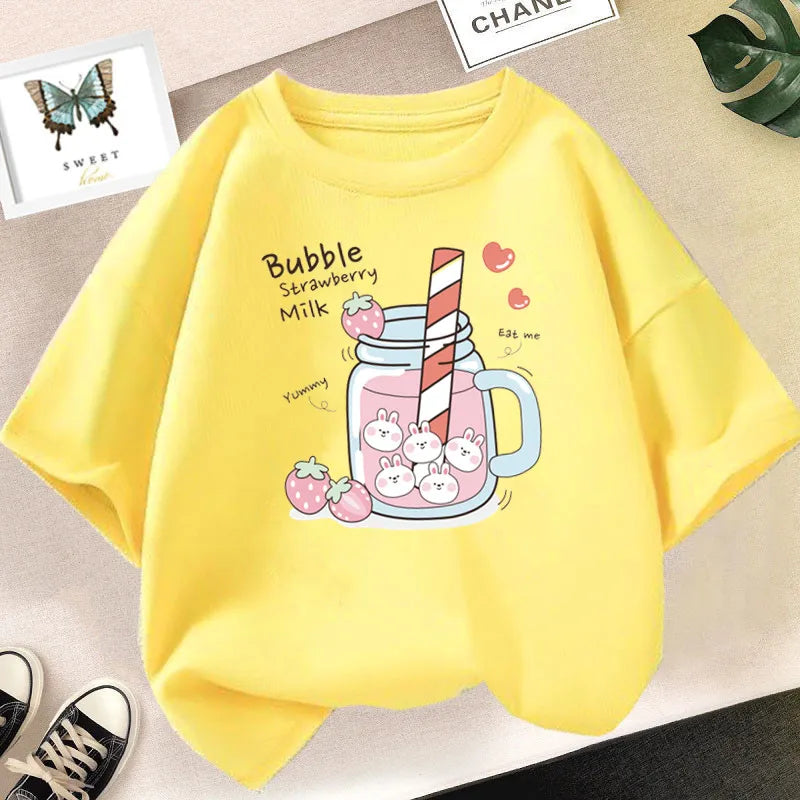 Strawberry Juice Graphic Print T-shirt Girls Aesthetic Pink Tops Tee 2023 Summer New Fashion Kids T Shirt