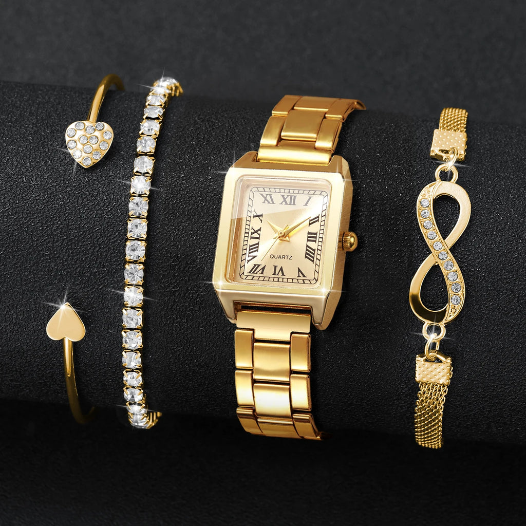4PCS Fashion Square Roma Dial Women Quartz Watch Diamond Bracelets Set Luxury Alloy Strap Ladies Wristwatches (Without Box)