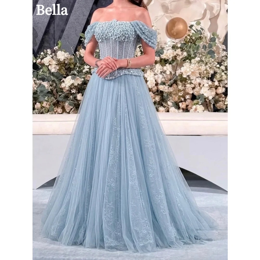 Bella Customized Lace Embroidery Floor-Length Prom Dress 3D Flower vestidos de noche Short Sleeve Crystal Evening Dresses 2026