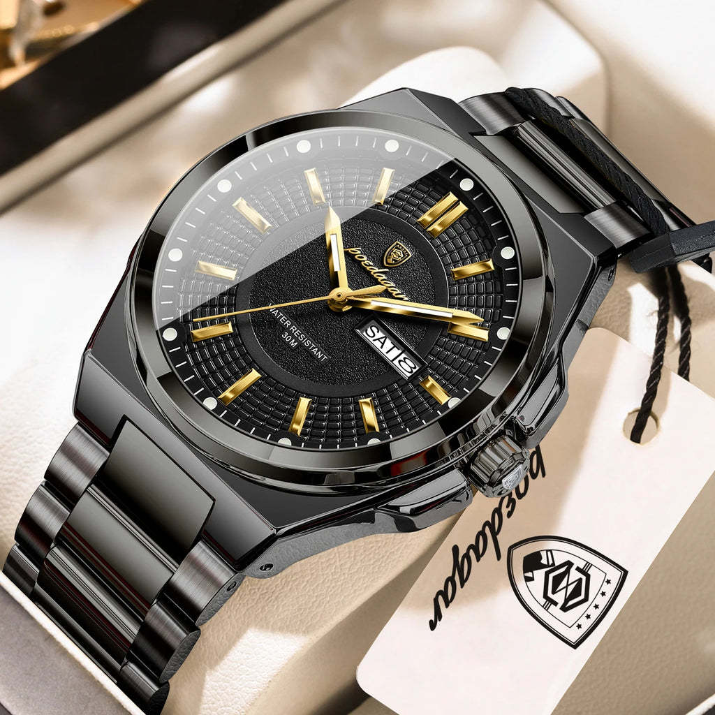 POEDAGAR Top Business Men Wristwatch Stainless Steel Waterproof Luminous Casual Man Watch Date Week Stylish Men's Quartz Watches