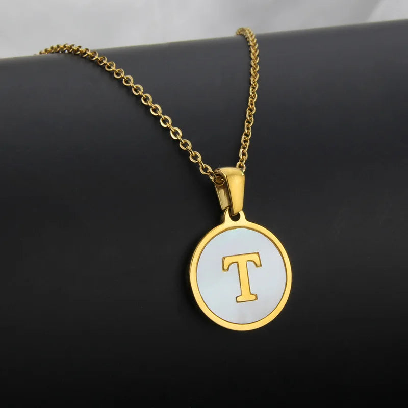 Initial Letter Necklaces for Women Trendy Stainless Steel Circle Couple Pendant Inlaid Shell Jewelry