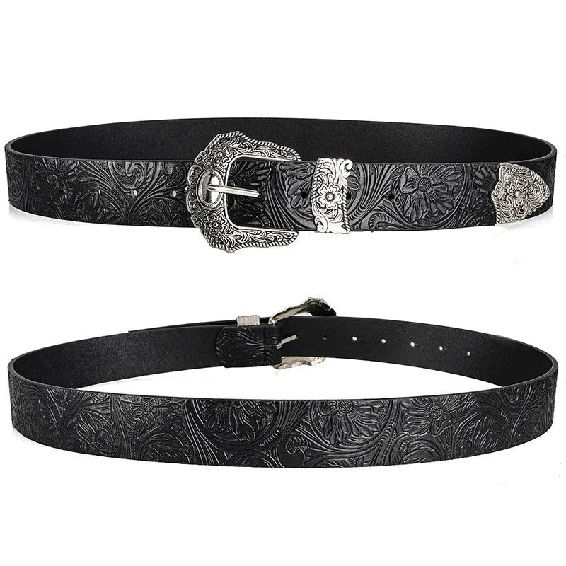 New European and American style women's belt, vintage rhinestone carved buckle belt, trendy printed jeans belt, unisex