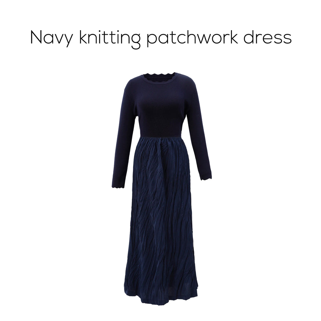 AP 2026 Women Autumn and Winter Crinkle Dress Knitting Patchwork Elegant Lady Maxi Dress
