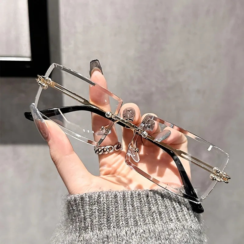 Chic Rectangle Rimless Clear Lens Glasses for Women Minimalist Fashion Eyewear Metal Frame Square Shape