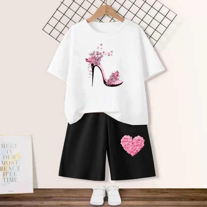 2024 Summer Girls Cotton Clothing Sets Kids Cute Cartoon Butterfly High Heel T-shirt +Shorts 2Pce Suits Childrens Tracksuits