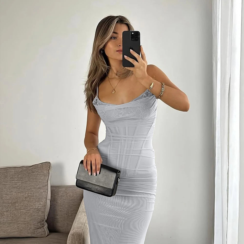 Suninheart Summer Mesh Maxi Dresses for Women 2023 Rose Spaghetti Strap Bodycon Dress Elegant Formal Occasion Dress Female